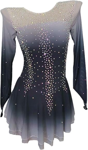 LIUHUO Figure Skating Dress Girls Women Competition Ice Skating Costume | Gradient Rhinestone Figure Skating Dress, Long Sleeve Mesh Competition Costume, Sparkly Crystal Performance Crisscross Back