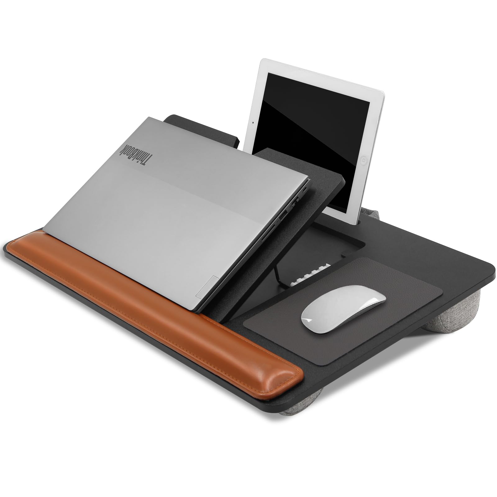 Wood Laptop Lap Desk with Soft Leather Wrist Pad - 6-Height Adjustable Laptop Tray for Sofa, Portable Desk for Laptop, Home Office Laptop Table, Fits Up to 17inches Laptop, Brown