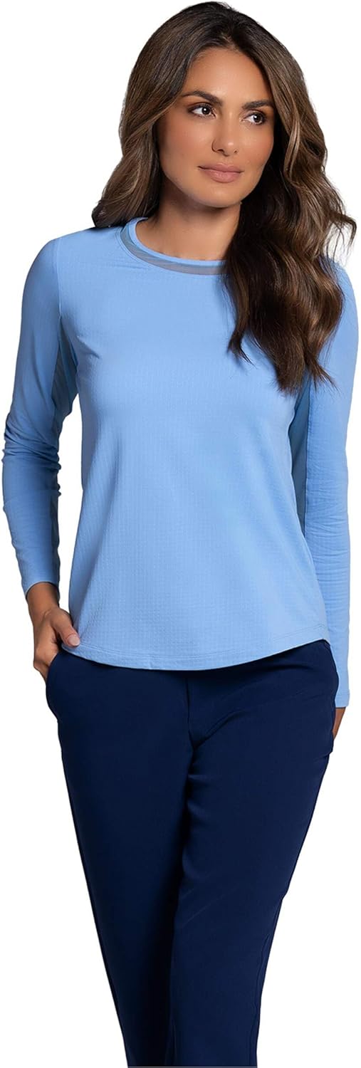IBKUL Athleisure Wear Sun Protective UPF 50 Icefil Cooling Tech Long Sleeve Crew Neck Top with Under Arm Mesh – 83000 Peri Solid L Blue
