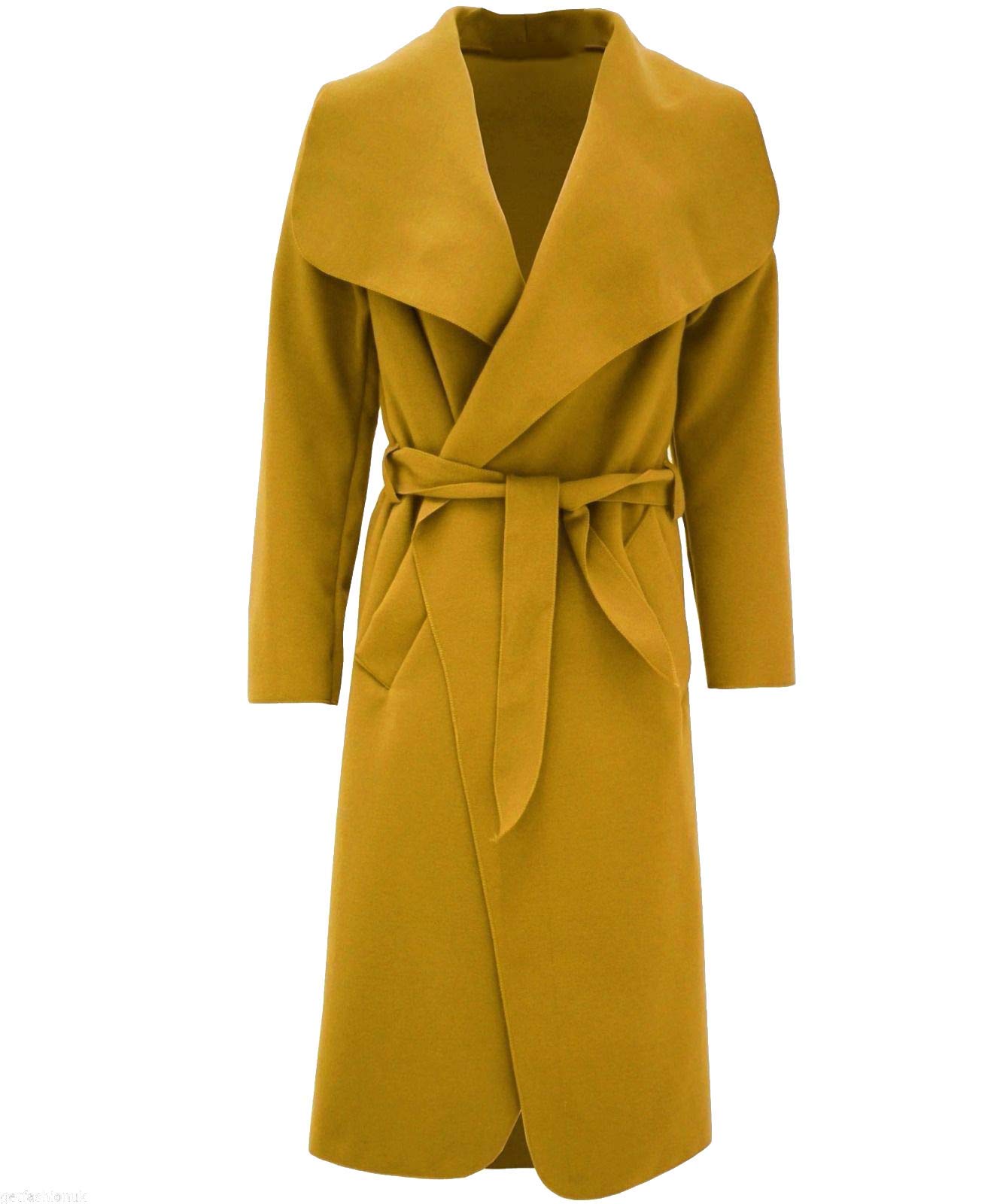 66 Fashion District Women's Mustard Italian Long Duster Jacket French Belted Trench Waterfall Coat 8-14 (Uk 14, )