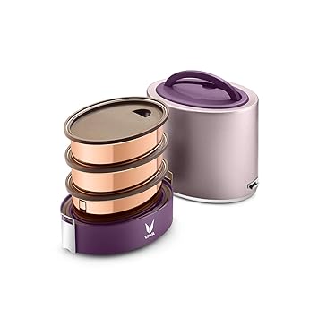 TYFFYN Lunch Box for Office for Men, Copper Finished Steel Lunch Box,1000ml Vacuum Insulated Hot Lunch Box, Leakproof Hot Tiffin Box with 3 Containers,Purple