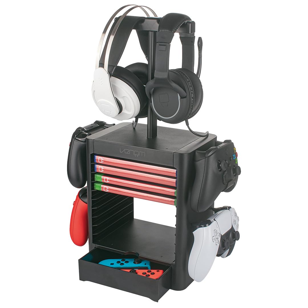 Venom Games Media Storage Tower with Integrated Controller and Headset Rack