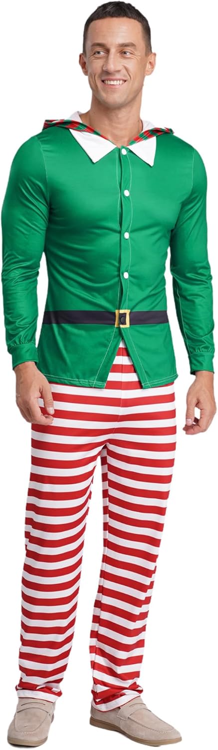 Jelory Men's Christmas Pajamas Christmas Elves Sleepsuits Striped Sleep Pants Nightwear Theme Party