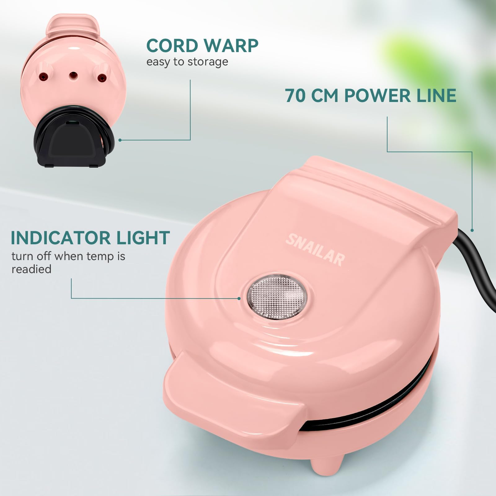 Snailar Płyta Waffle, Mini Maszyna Waffle, 550 W Waffle Maker z powłoką nieprzywierającą, automatyczna temperatura, kompaktowa konstrukcja, różowy