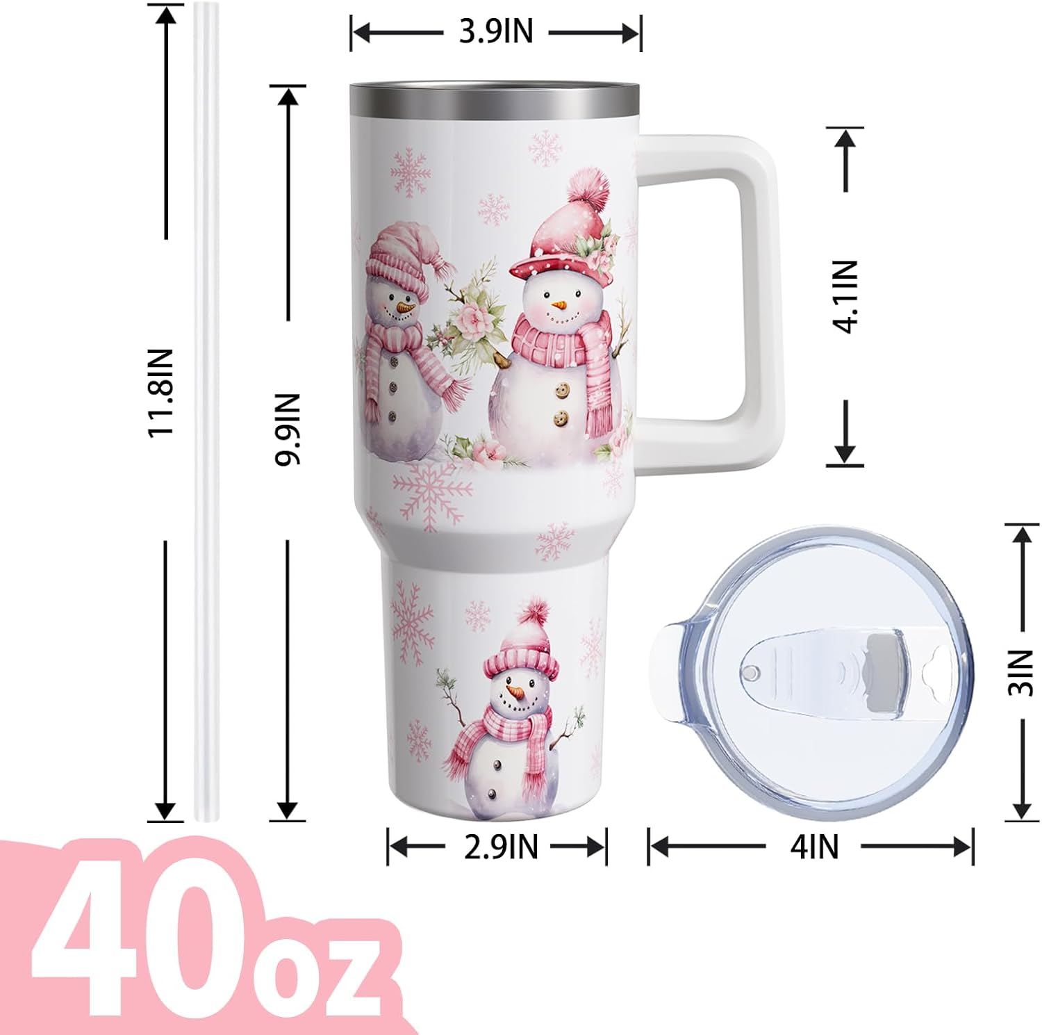 Christmas White Snowman Gifts for Women Men, Xmas Stainless Steel Insulated Travel Coffee Cup, 40 Oz Tumbler with Handle and Straw, Winter Holiday Water Bottle (1 PC) - Image 2