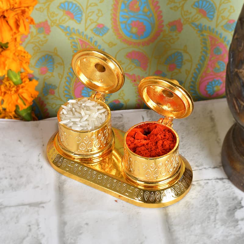 Image of JAIPUR ACE Golden Metal Kumkum Holder /Kumkum Box for Gifting,Pooja, Thali, Mandir, Home, Temple, Gifting Golden Kumkum Box with Laxmi Maa (Round Kumkum)