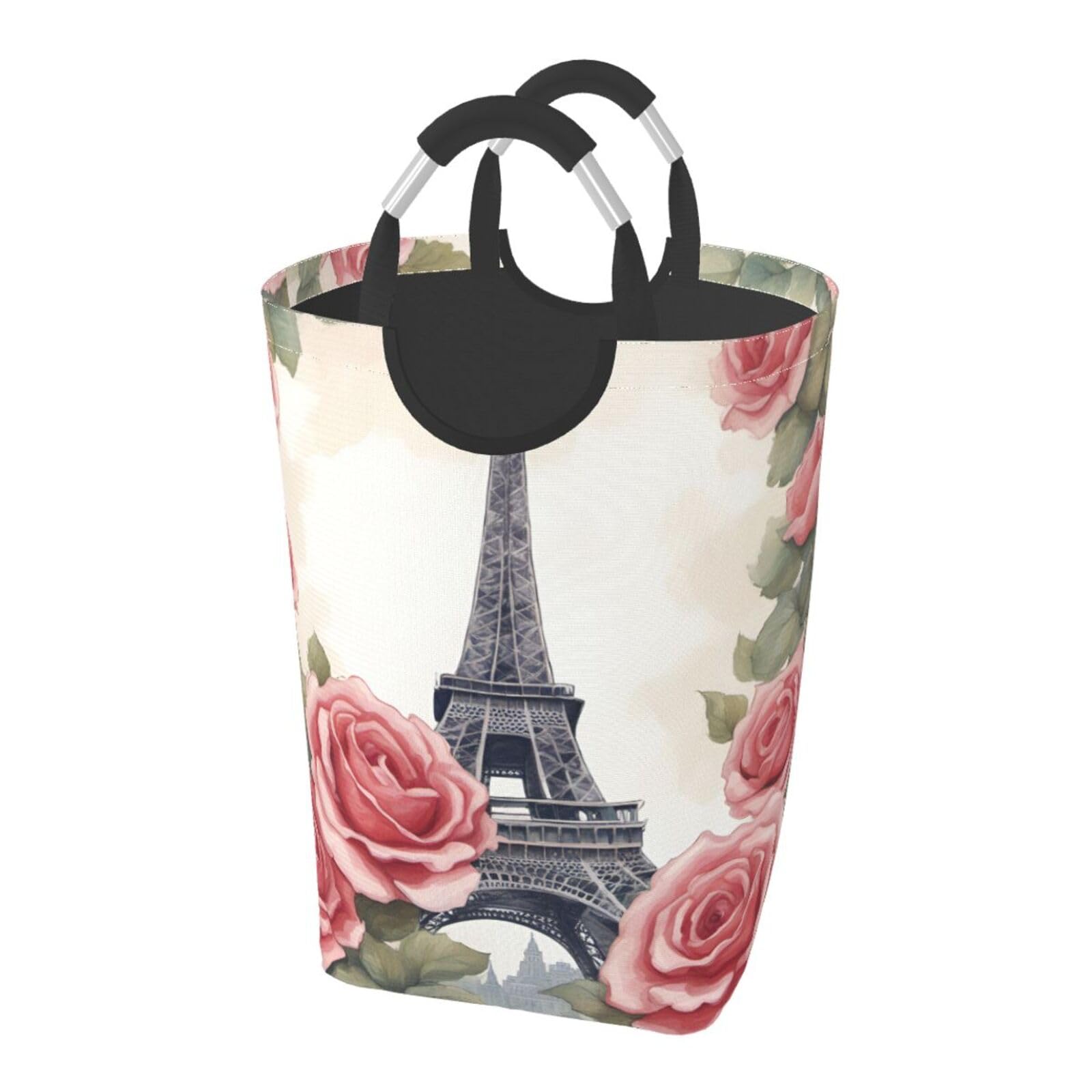 Eiffel Tower Rose Flower Print Laundry Hamper Collapsible Baskets With Handle Dirty Clothes Hamper Bag For Dorm Family Bathroom Decor Storage ﻿