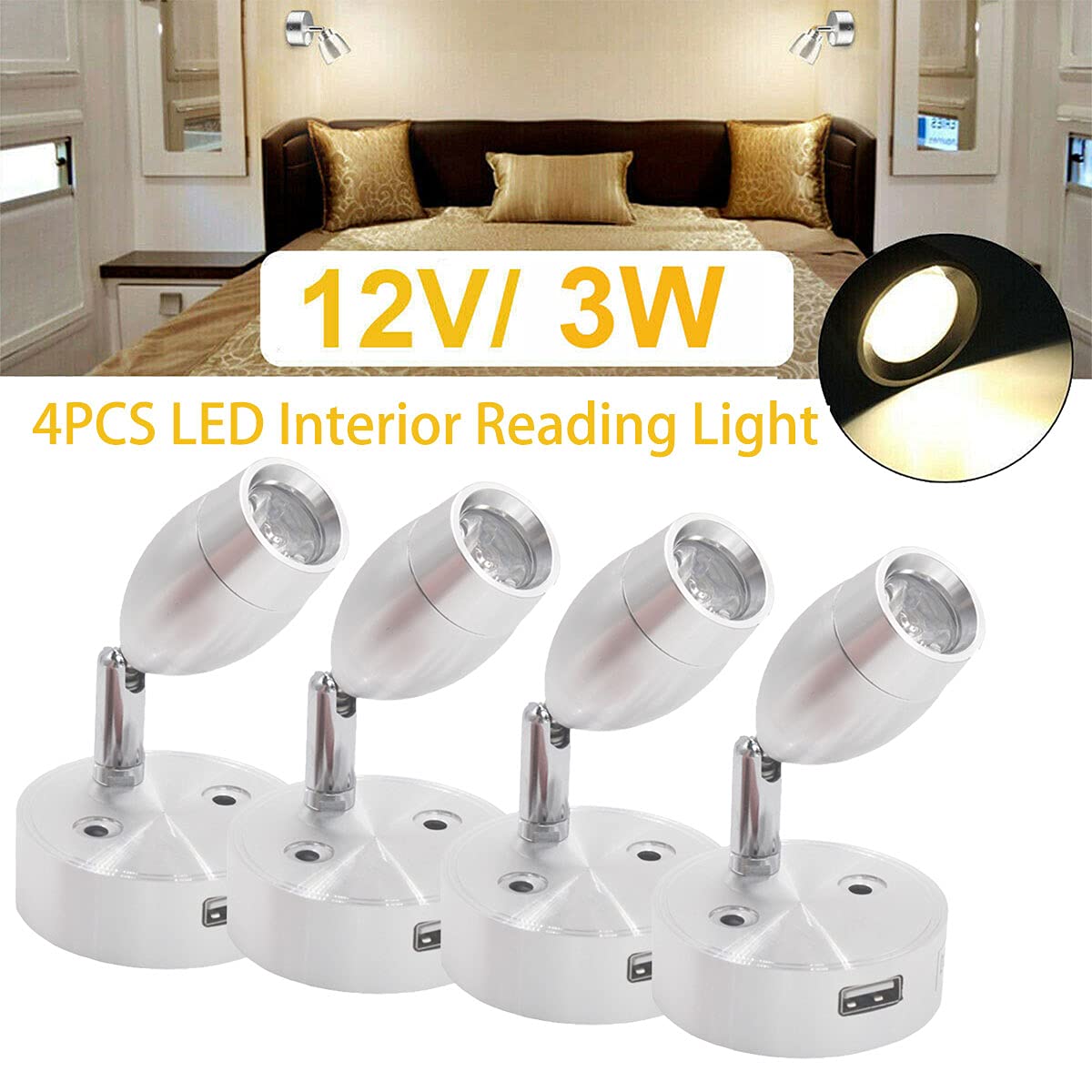 4 luces LED de 12 V para lectura de puntos interiores con puerto de alimentación USB, control táctil y cabezal ajustable para furgoneta, caravana, barco, RV, bombillas para coche (blanco cálido)