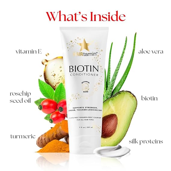 HAIRtamin Biotin Conditioner, vitamin-rich conditioner for healthy hair growth for all hair types, color and keratin safe, paraben free