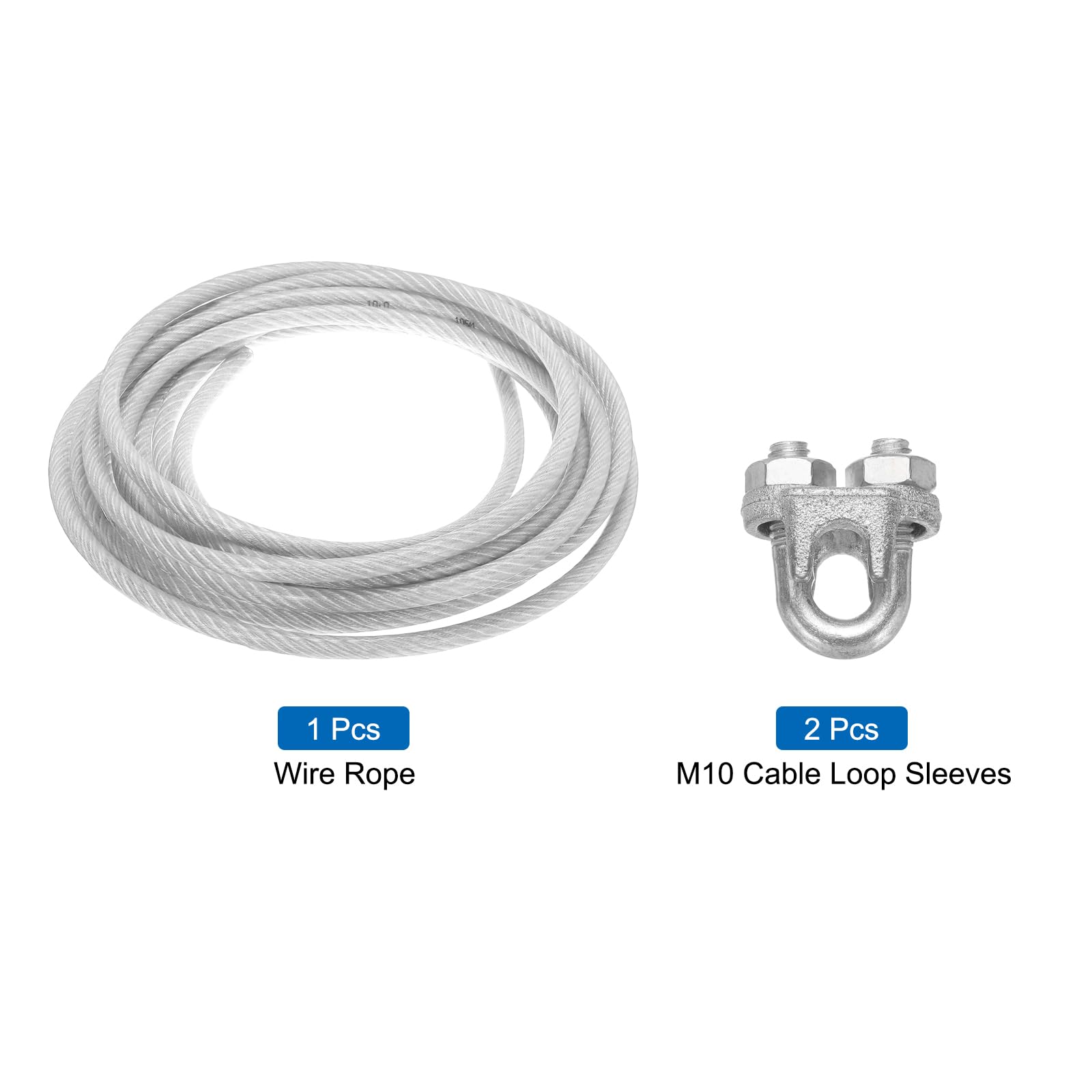 QUARKZMAN 6m Cavo Acciaio Rivestito Trasparente 10mm (3/8 pollici) con 2Pz Manicotti a Anello M10 Morsetti Stendibiancheria per Appendere Luci Corda, Ringhiere per Ponti, Filo Giardino