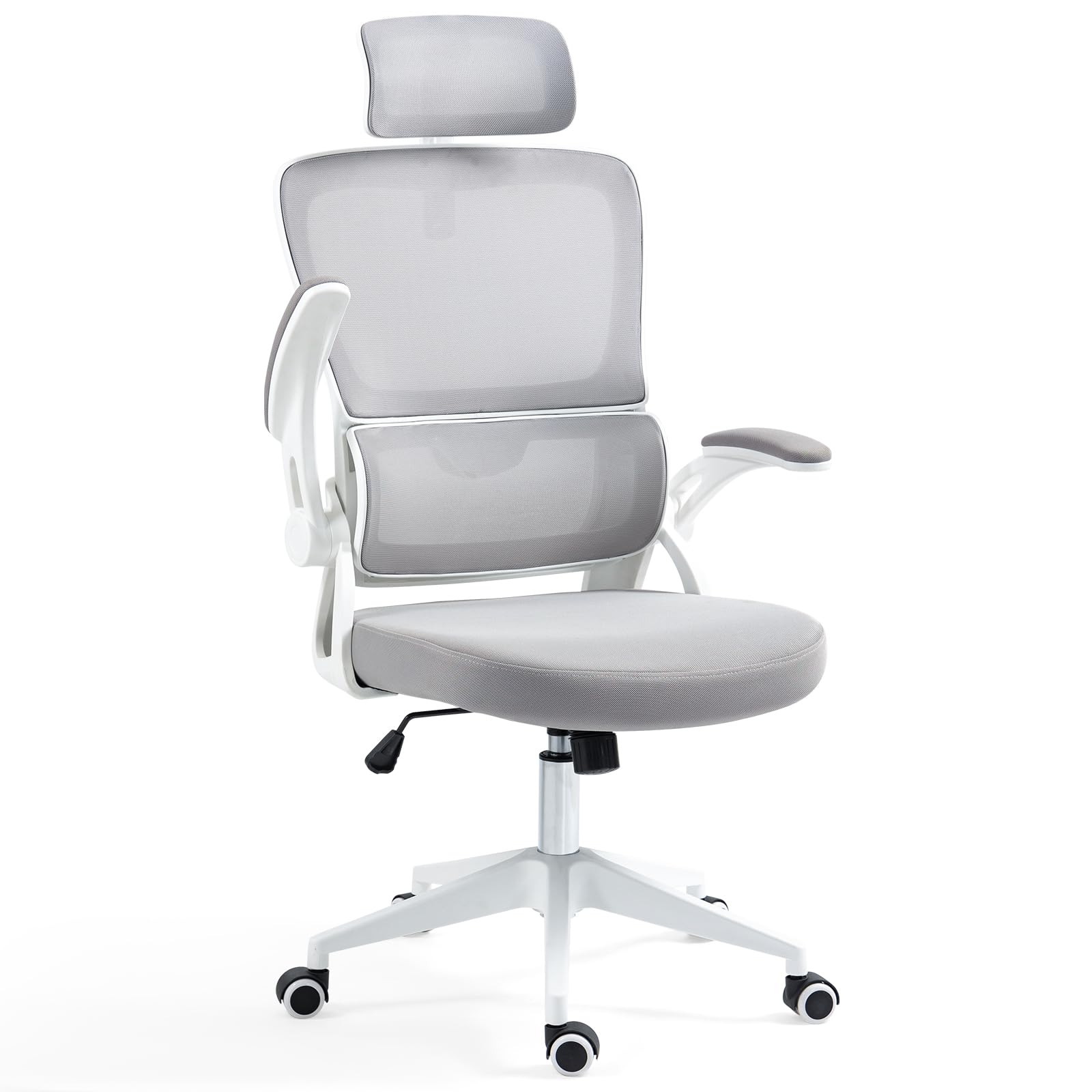 Silla de Oficina Silla de Escritorio ergonómica con reposacabezas Ajustable y Soporte Lumbar Silla de computadora de Malla con Respaldo Alto con reposabrazos abatibles Acolchados (Gris)
