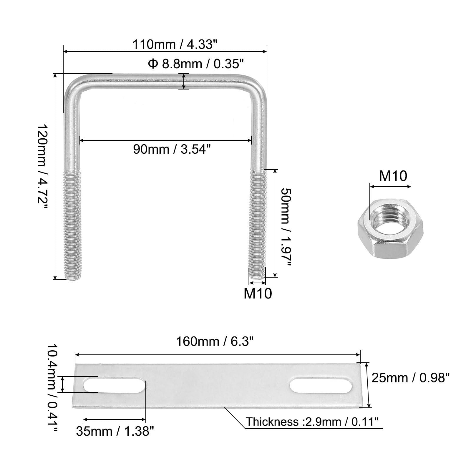 PATIKIL M10x90x120mm Square U-Bolts Kit - Image 2