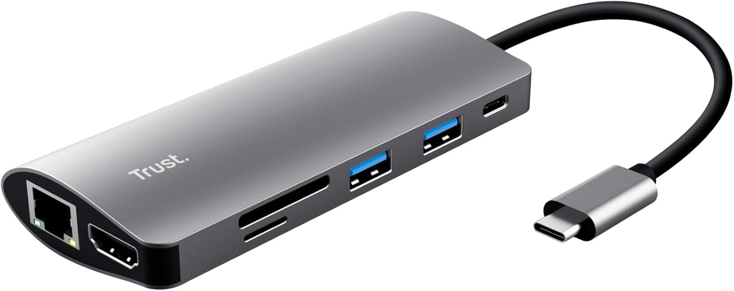 Trust Dalyx 7-in-1 USB-C Multi-Port Adapter, USB-C, 2 USB-A, HDMI, Ethernet, Micro SD, SD Card, HDR and HDMI 1.4 (4k 30Hz), USB-C Charge Port, MacBook, PC, Laptop, Chromebook