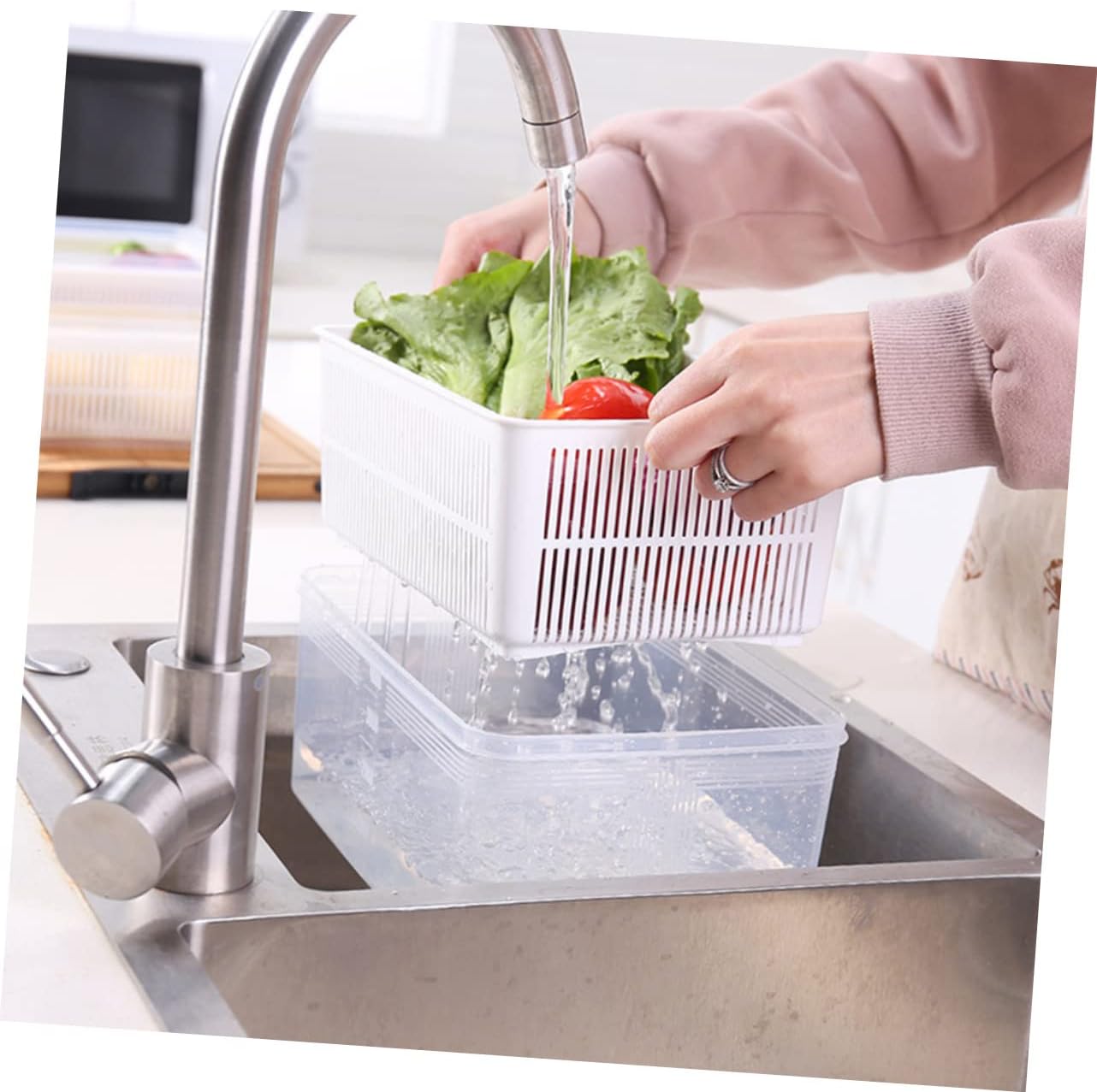 SHOWERORO Double Drainer Storage Basket Transparent Colander for Kitchen Multi Functional Washing and Draining Holder for Vegetables and Fruits and Stackable