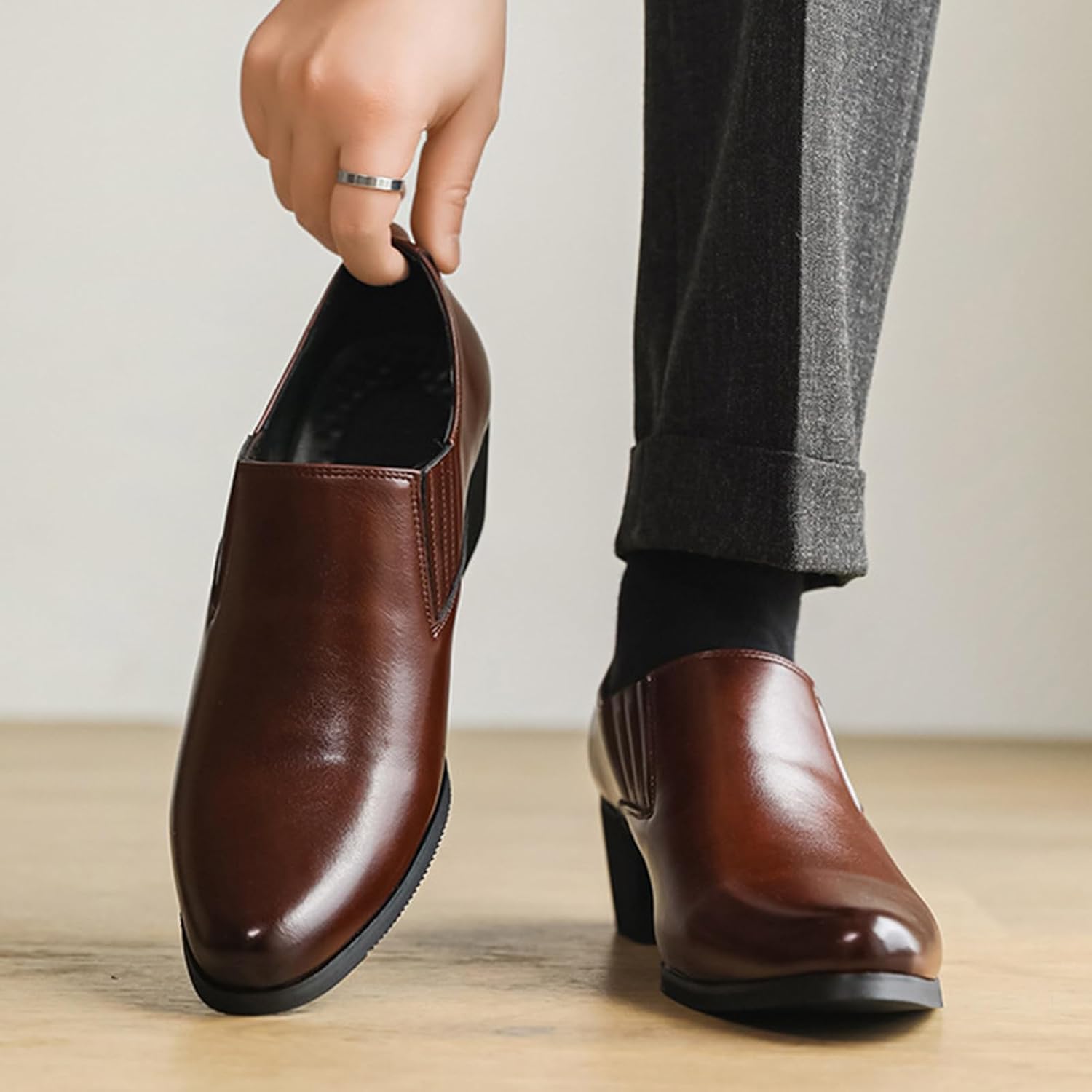 Men's Leather Chunky Heel Dress Loafers Fashion Classic Pointed Toe Low Top High Heel Slip On Oxford Shoes Casual Business Office Wedding Formal Shoes