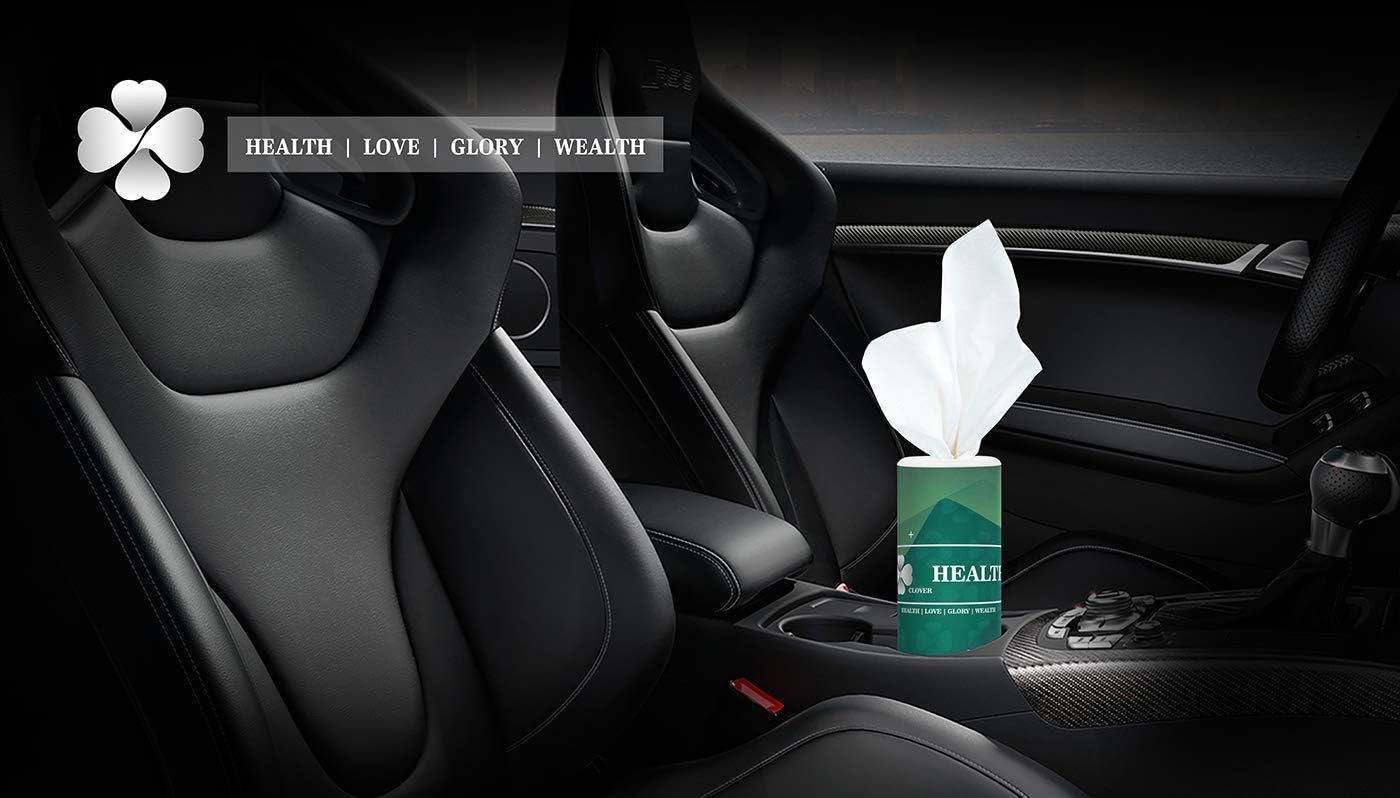 CLOVER Car Tissues- Facial Tissues in Canisters with Practical Cup Holder, Facial Tissues with Lotion Fit Car、Travel、Home、Office ，3-Ply, 50 Count / 4 Canisters，Soft, Durable,Convenient & Decorative