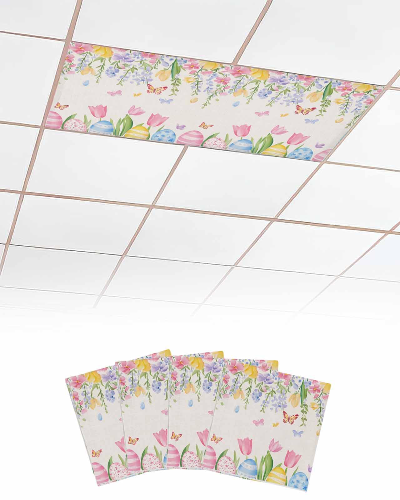 Easter Spring 4 Pcs Fluorescent Light Covers for Ceiling Lights, Retro Butterfly Tulip Easter Eggs Magnetic Light Filters for Eliminate Harsh Glare Classroom Office Decoration, 4 x 2 Ft