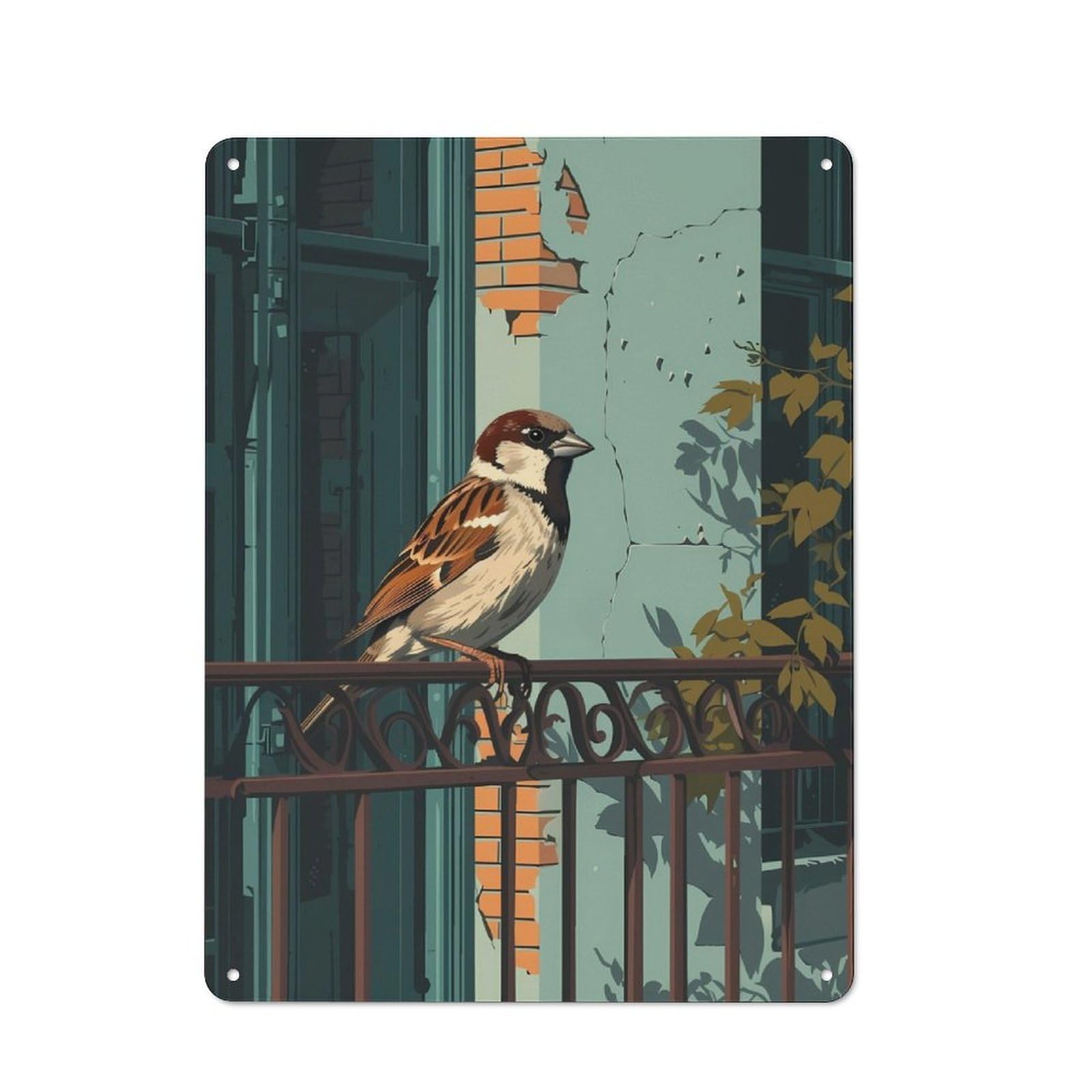 Junmoney Sparrows Perched On Fence Tin Wall Plaque With Design 40X30cm, Farmhouse Rustic Kitchen Decor For Dining Room, Cafe, Entryway Or Family Room