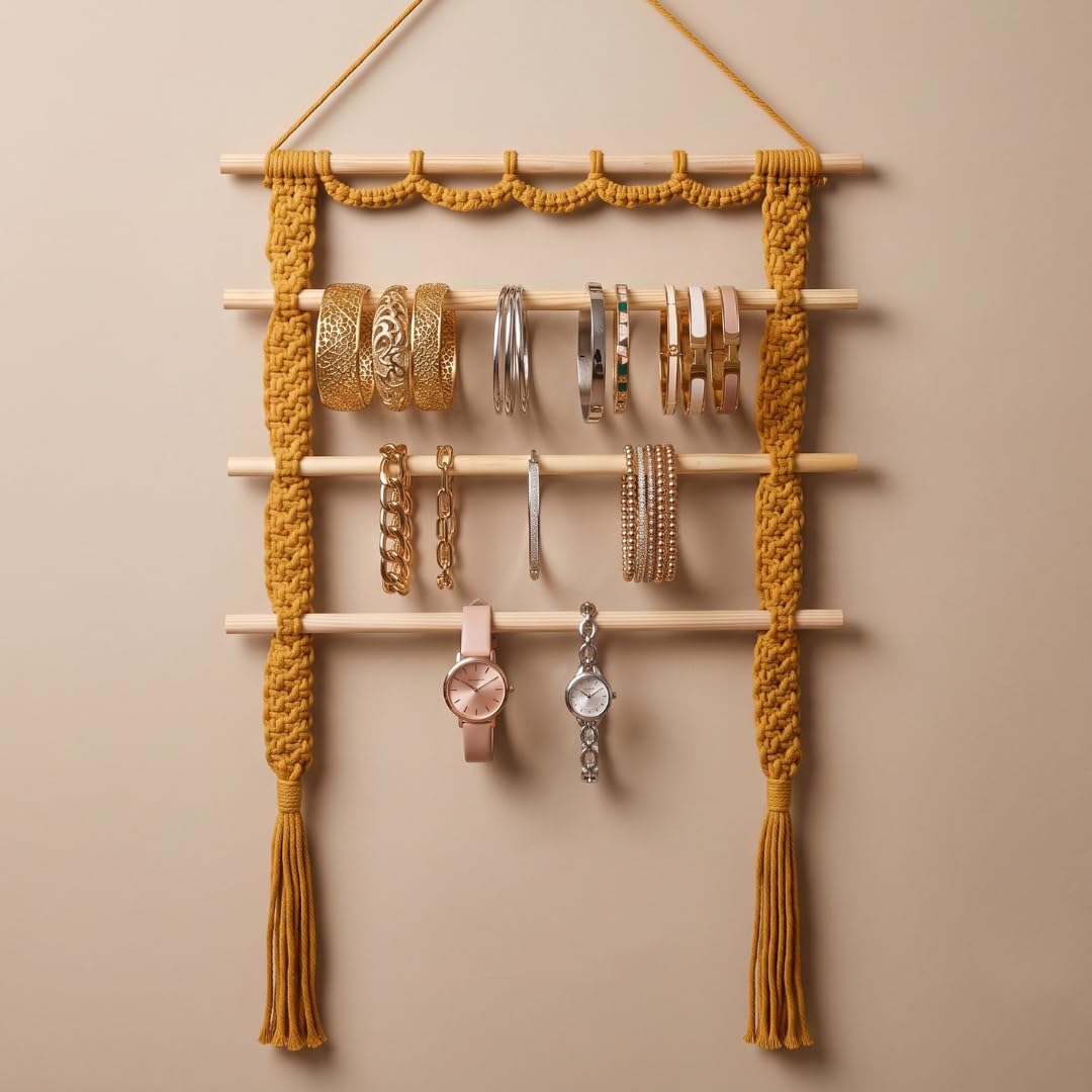 Macrame Bangle Holder | Handcrafted 100% Natural Cotton Cord (Off White) | Bracelet/Bangle Organizer Stand with Wooden Dowels | Boho Jewelry Storage Wall Hanging | Eco-Friendly Gift (Mustard Yellow)-image-42