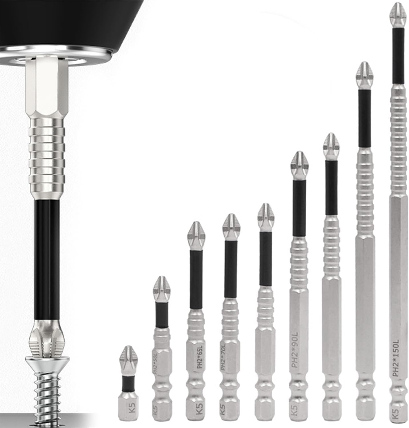 Universal Magnetic Screwdriver Drill Bit Set with Anti-Slip Handle - 9 Pieces (25-150mm) for Strong Durability