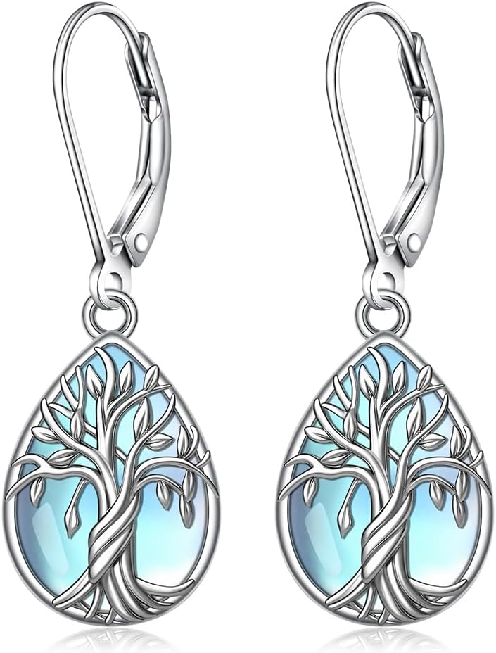 Tree of Life Earrings for Women Moonstone Earrings Sterling Silver Moonstone Teardrop Jewelry Dangle Drop Leverback Birthday Gifts