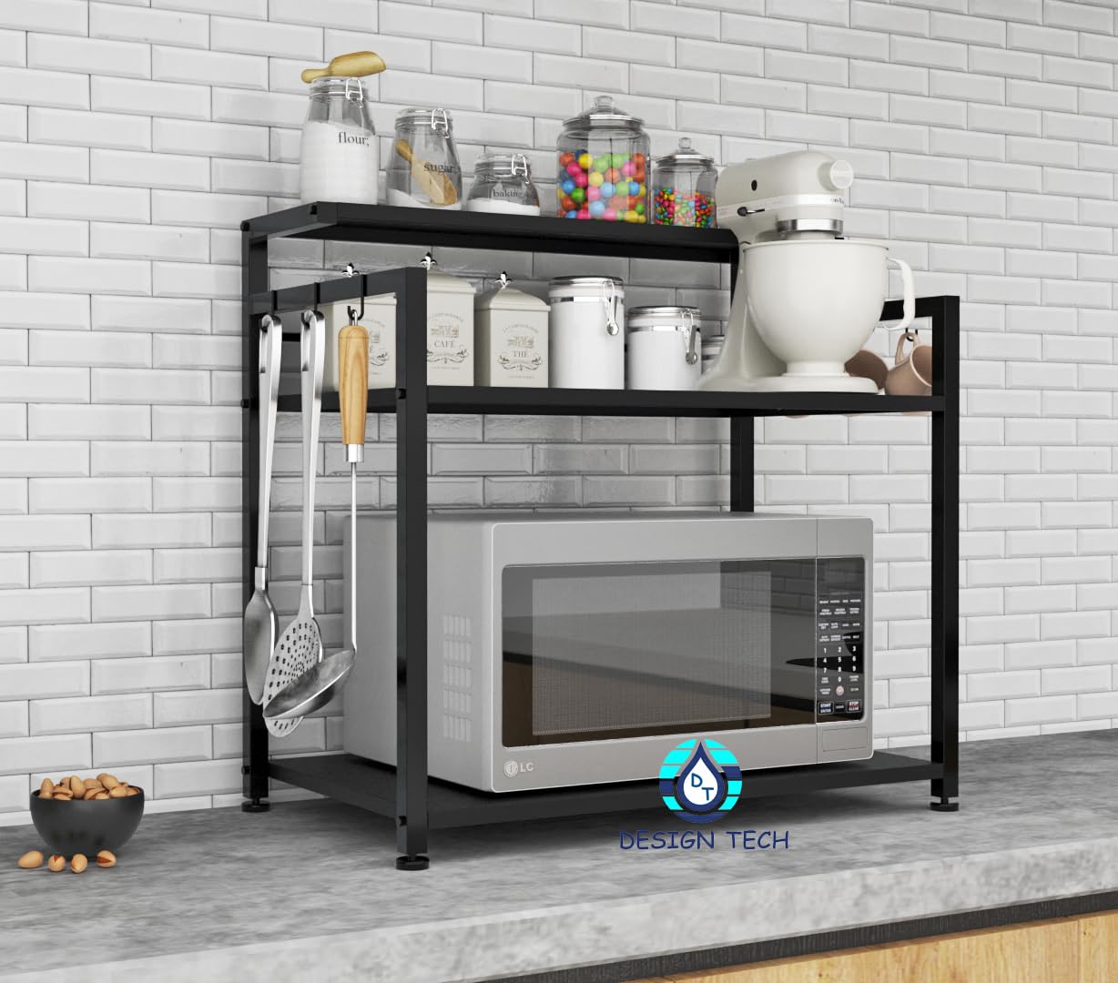 Design Tech Metal 3-Layer Multi-Function Microwave Stand, Oven Stand for Kitchen Stand Storage Shelf (Black)