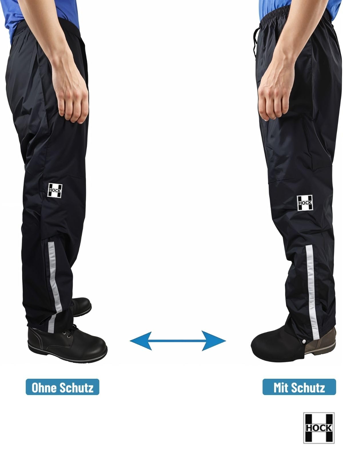 HOCK Unisex Regenhose Fahrrad inkl. ausfaltbarem Schuhschutz - Hochwertige Regenbekleidung mit Reflektor-Streifen - 100% wasserdichte Hose für Herren und Damen