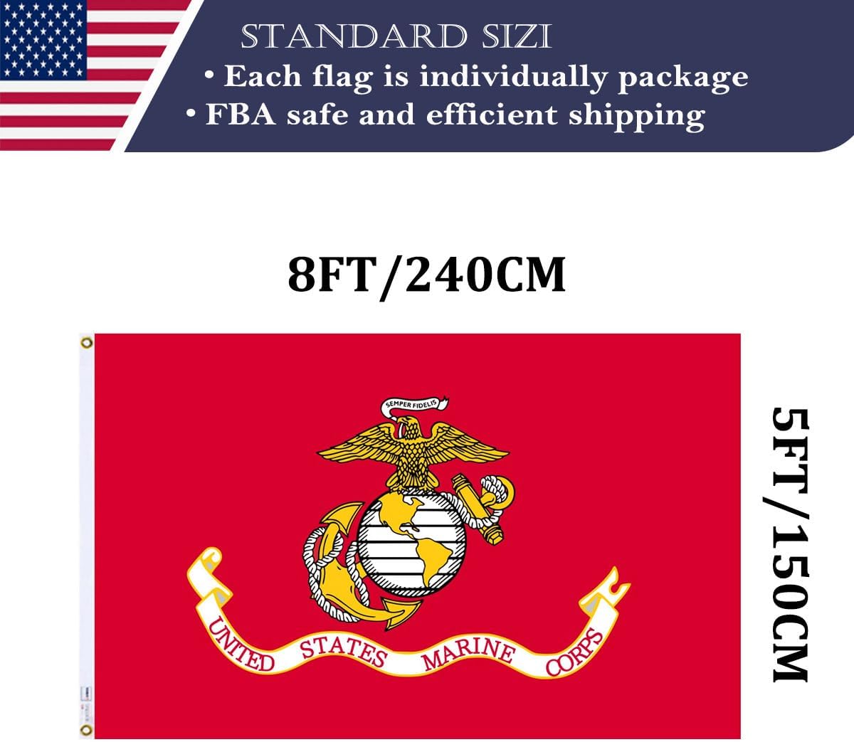 Double Sided United States Marine Corps Flag 5x8FT Outdoor Made In USA- Heavy Duty 3Ply Nylon US Marine Corps USMC Flags Banners with White Starting Tape and 3 Brass Grommets