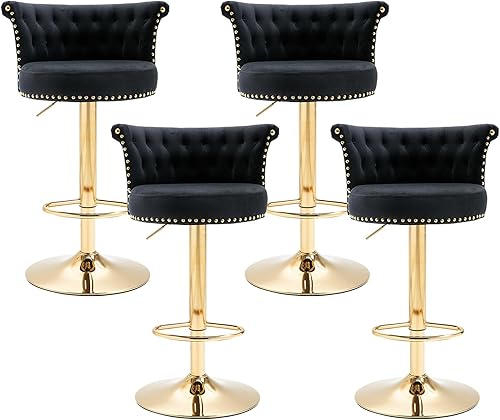 Miniatura 19 de Taburetes de bar giratorios modernos, taburetes de bar ajustables de altura de mostrador dorados con respaldo, sillas de bar tapizadas de terciopelo