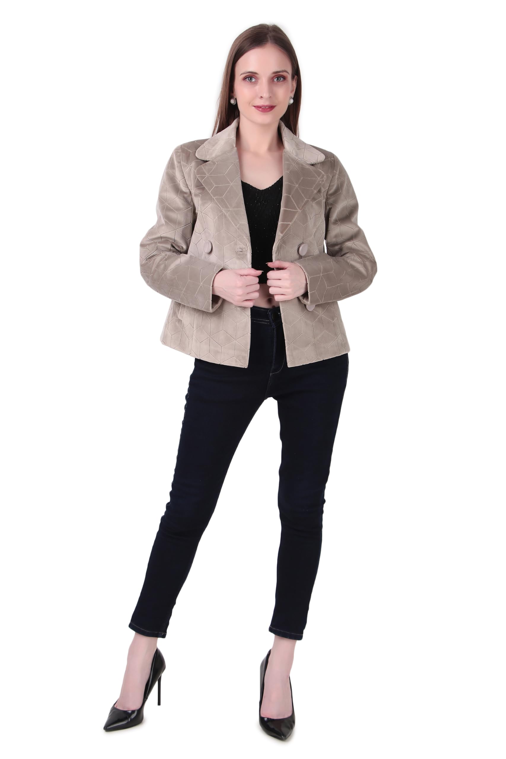Women's Light Tan Geometric Patterned Velvet Double-Breasted Blazer | Lapel Collar Short Pea Coat with Front Pockets | Elegant Winter Outerwear | Pack of 1-image-6