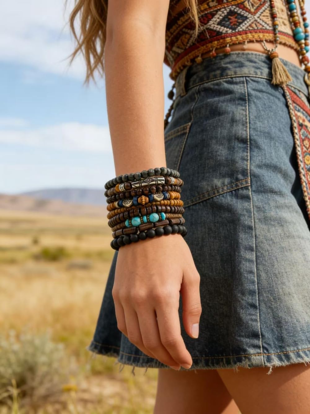Ensemble de 10 Bracelets bohèmes en Perles pour Hommes et Femmes, Style Punk, en Bois. Bijoux symboliques.