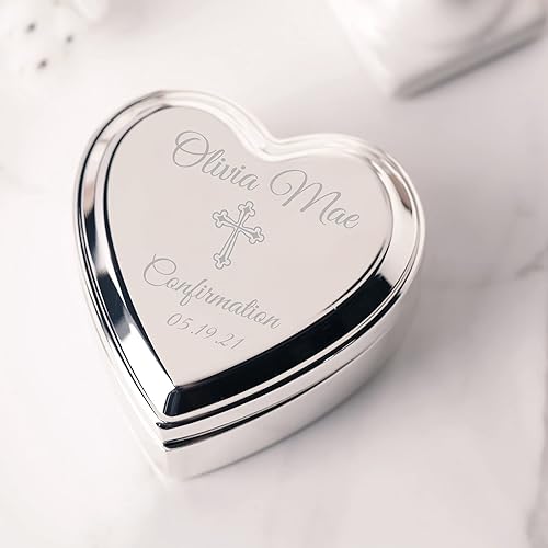 Miniatura 7 de Joyero de corazón personalizado con cruz grabada personalizada y nombre para regalo de bautizo de bebé para niñas tono plateado