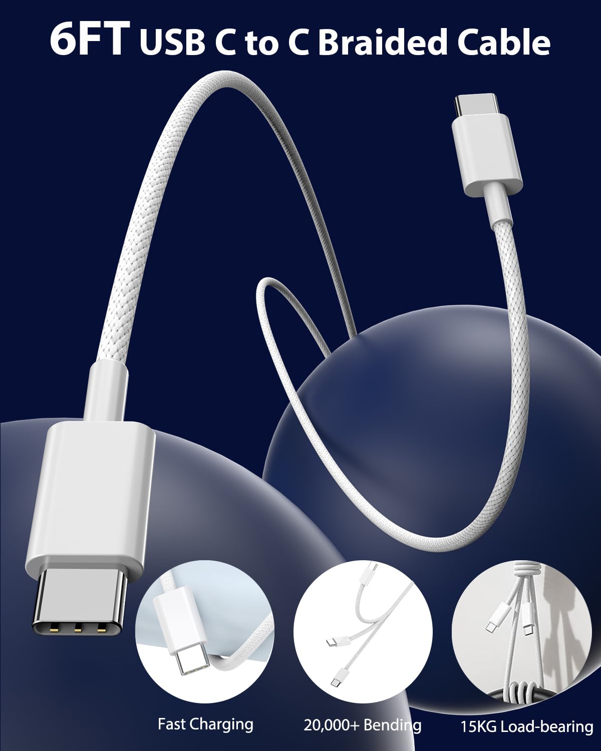 Cargador de coche para iPhone 16, adaptador de cargador rápido USB C para coche, 2 unidades, doble puerto USB C, cargador rápido de coche con cable de carga trenzado USB C a C de 6 pies de largo,