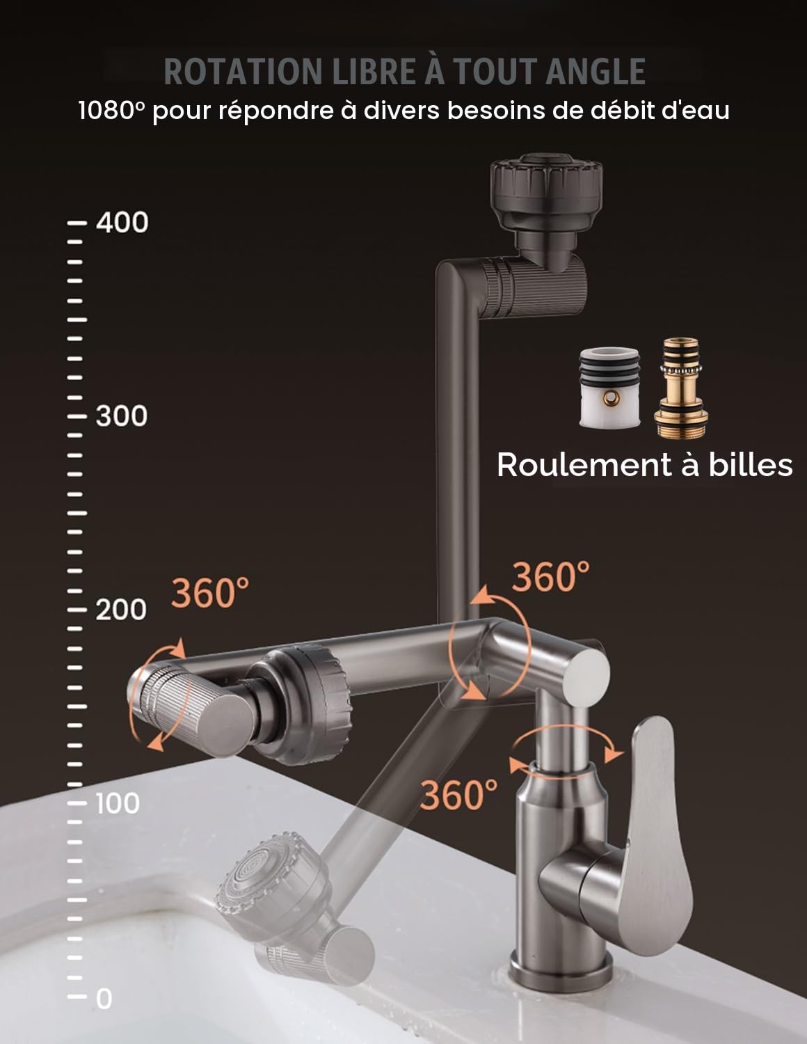 Flexible Robinet Cuisine, Robinet Mitigeur Cuisine, Robinet Cuisine Douchette, Pivotant à 360° Mitigeur Evier en Acier Inoxydable Gris Brossé, 2 Modes de Jet, Livré avec 2 Flexibles 3/8"