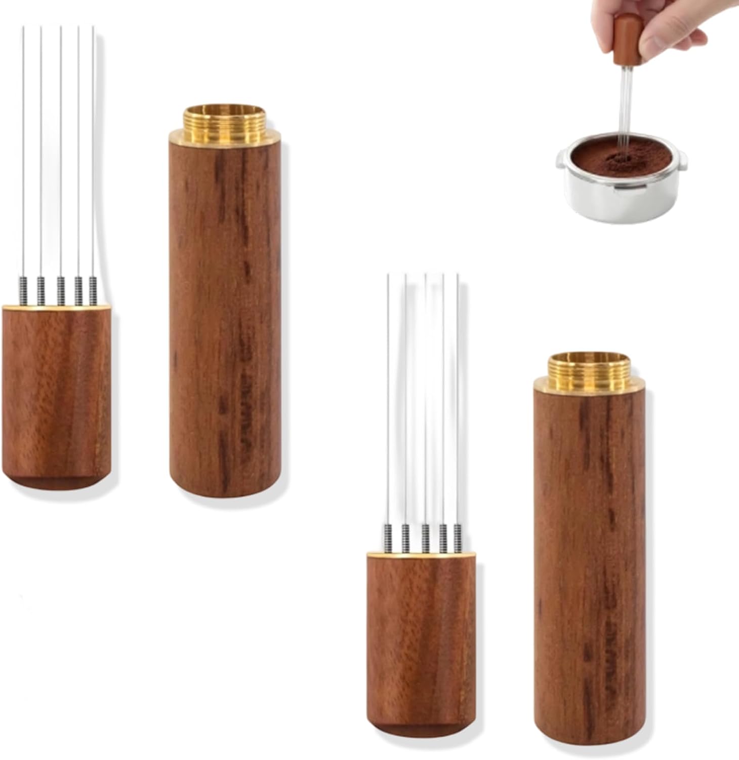 2 Pcs Coffee Distribution Tool with 6 Stainless Steel Needles, Coffee Accessories Espresso Needle Distribution Tool with Wooden Handle & Stand for Barista Accessory, Outdoor or Indoor