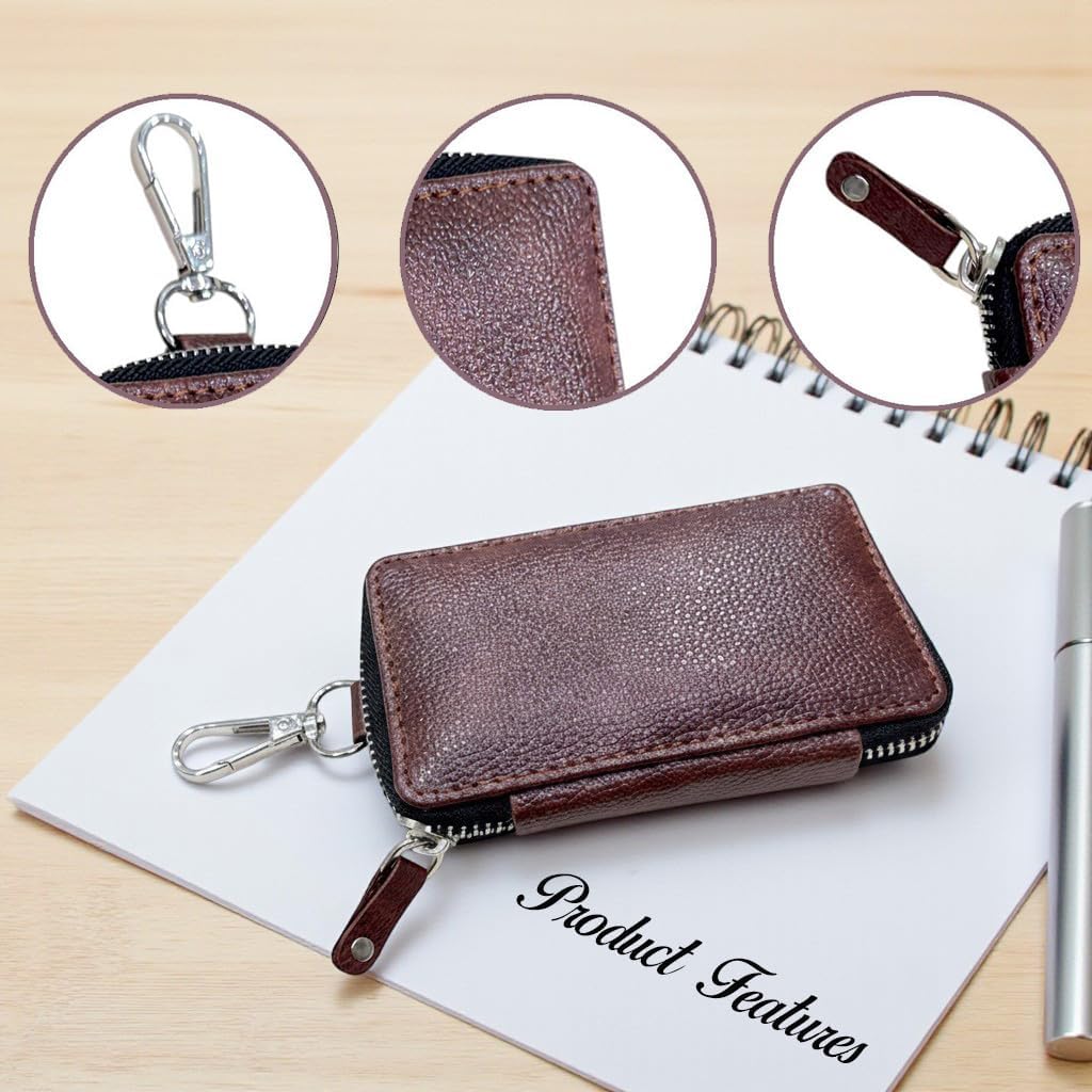 ZAOMA PU Leather Large Key Case Pouch Wallet Key Chain Key Holder Ring with 6 Key Hooks,1 IC Key Ring, Metal Buckle with Zipper Closure (7.5X2X12 CM) image 2