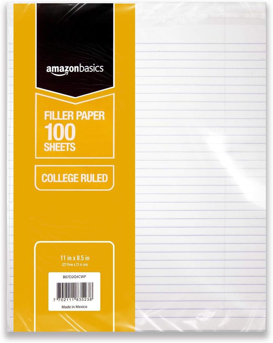Amazon Basics College Ruled Loose Leaf Filler Paper, 600 Count, 6 Pack of 100 Sheets, White, 11 x 8.5 Inch