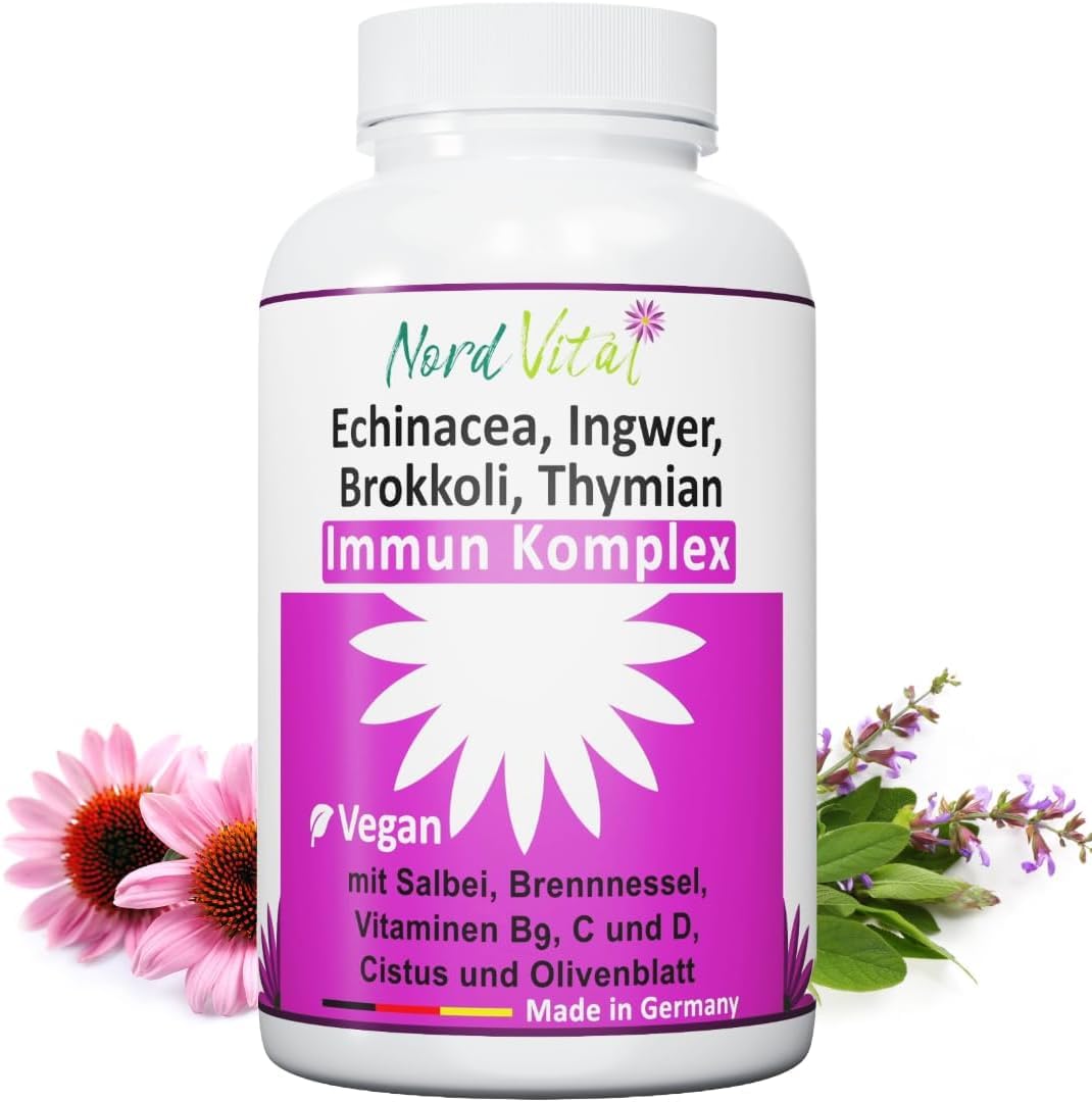 Immun-Komplex mit 15 aktiven Inhaltsstoffen - Echinacea, Brokkoli, Ingwer, Salbei, Brennnessel, Cistus, Olivenblatt, Vitaminen C, B9 und D, Zink und Selen - deutsche Produktion