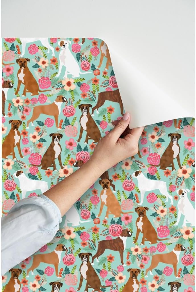 Peel & Stick Wallpaper 12ft x 2ft - Boxer, Dog Breed, Vintage Style, Florals, Mint Green, Flowers, Dogs, Novelty Custom Removable Wallpaper by Spoonflower