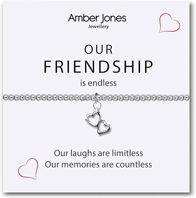 Amber Jones Friendship Bracelet  Luxurious Silver Bracelet for Women  Cute Bead Bracelet with Heart Bracelet Charms  Classic Jewellery Present for Friend, Sister, Mother  Elegant Pouch