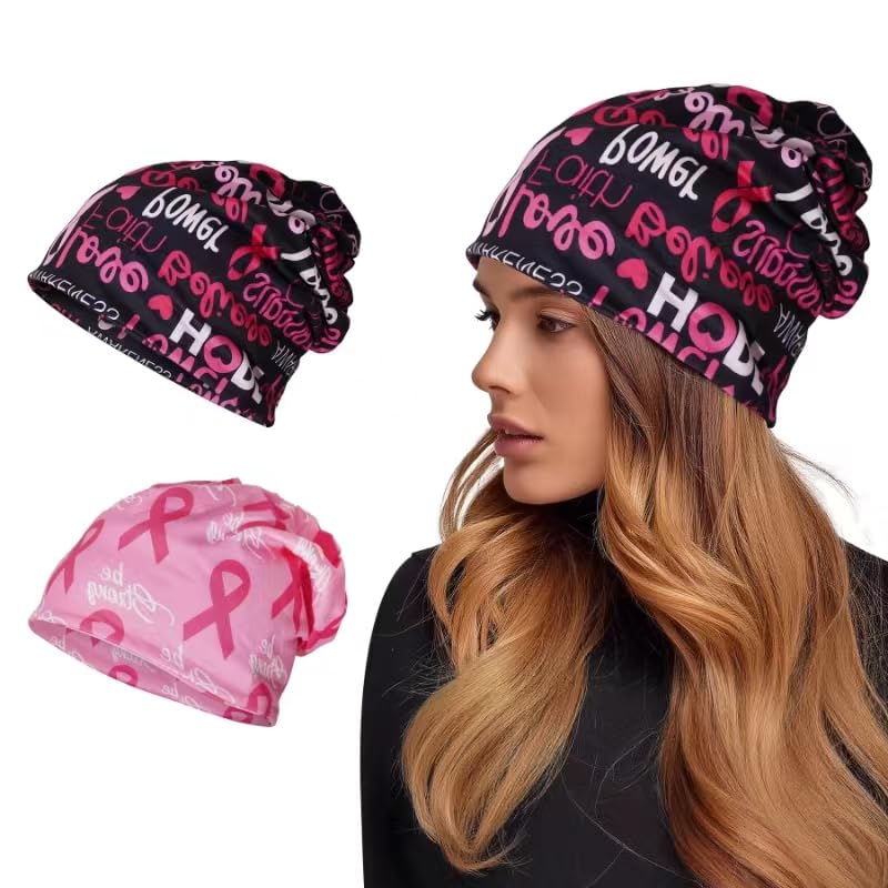 OPUHOHR 2 Pieces Chemo Headwear for Women, Turban Beanie Caps, Head Scarf for Women's Hair, Headwear Chemo Baggy Sleep Cap Skull Cap Nightcap Pink