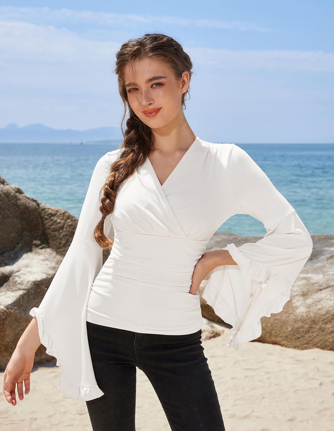 Scarlet Darkness Renaissance Shirt Women V Neck Long Bell Sleeve Wrap Casual Ruched Top - Image 7