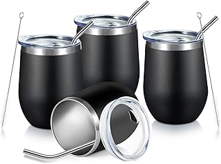 COMOOO 12oz Stainless Steel Wine Tumbler with Lid and Straw, Double Wall Vacuum Insulated Wine Tumbler Cup for Hot and Cold Drinks, Wine, Coffee, Champaign, Black, 4 Pack