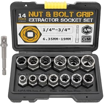 14 Piece Stripped Impact Bolt Nut Remover Set Lug Nut Remover with Hex Adapter Extraction Socket Set for Removing Bolts and Nuts with Solid