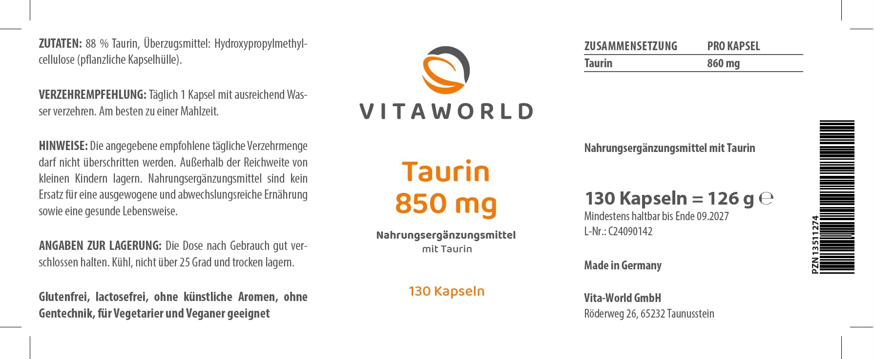 3er Pack Vita World Taurin 850mg 3 x 130 Kapseln Apotheken Herstellung Vegan
