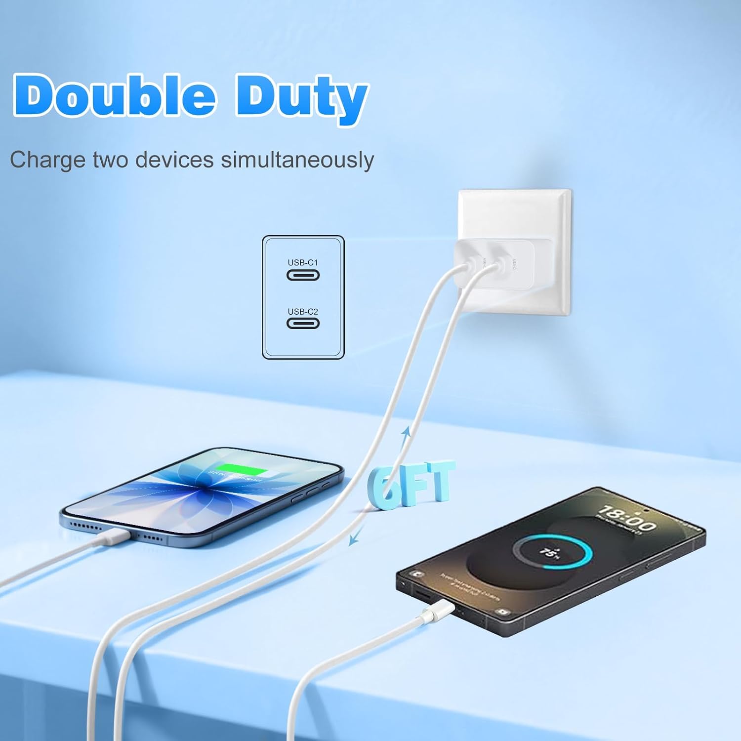 Samsung Super Fast Charger,45W Dual Port USB C Fast Charger Block 2Pack & 6FT USB C Cable - 3.0 Quick Type C Charger Wall Block for Samsung Galaxy S26 Ultra/S26+/S25 Ultra/S24/S23/S22/S20/S21+/Google