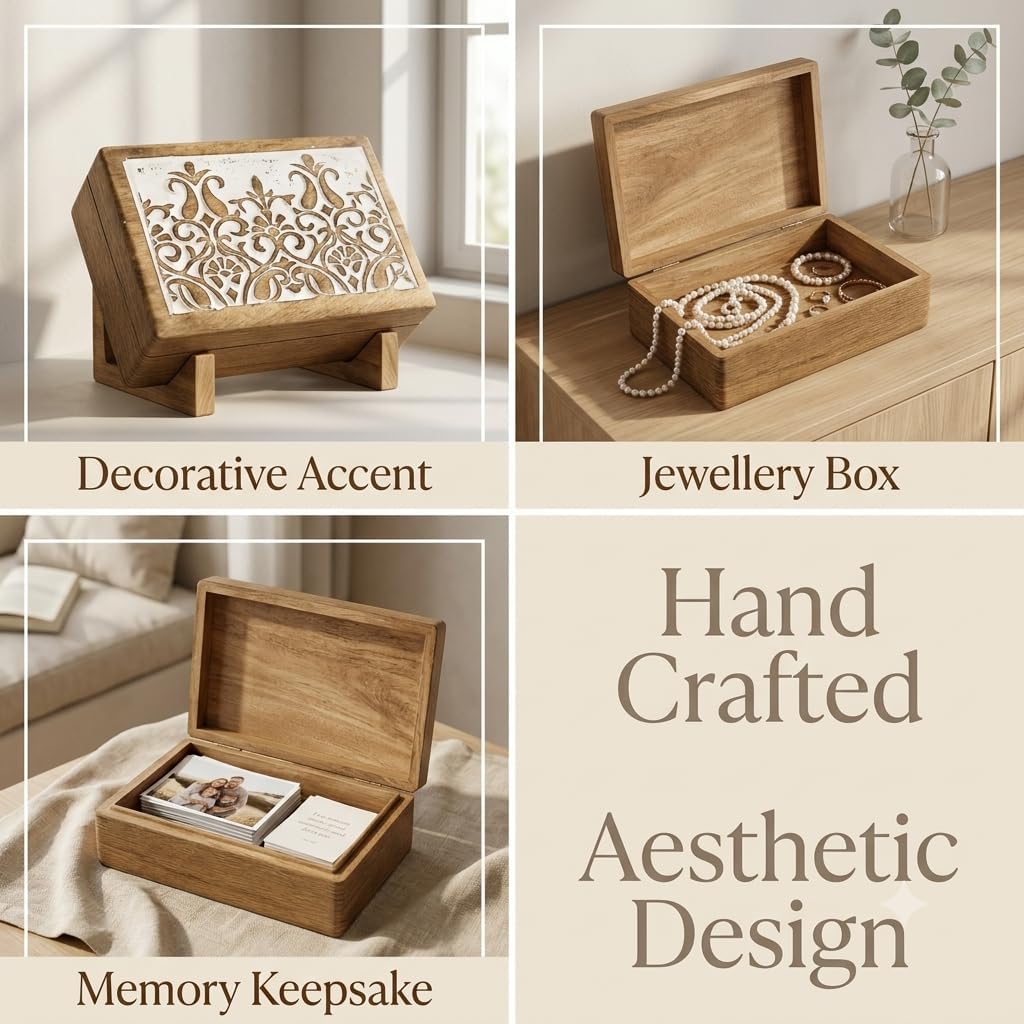 STORE INDYA Wooden Hand Carved Decorative Box with Floral Carving On Top | Treasure Box Jewelry Organizer Keepsake Box Treasure Chest Trinket Holder Watch Box Gifts for her Girl Women image 2