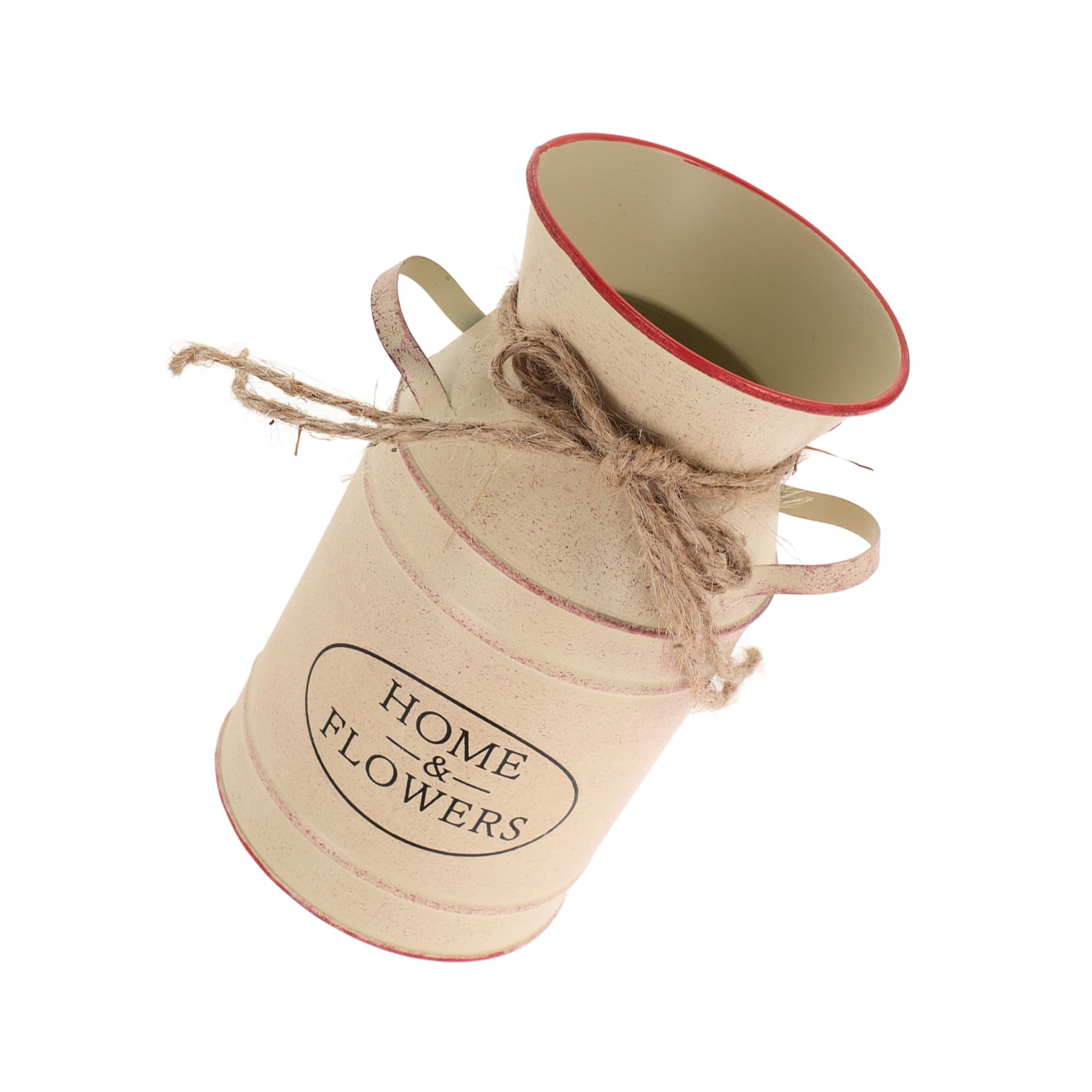 Cubo de hierro retro beige con doble asa jarrón decorativo rustico