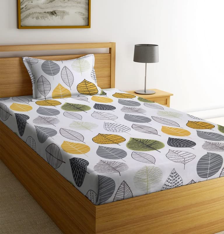 Image of NHD HOME Premium Glace Cotton 180 TC Flat Single Bedsheets for Summer Breathable | Wrinklefree (Size-60 X 90 Inch) with 1 Pillow Covers (Size-17 X 27 Inches, White Green Leaf Printed)