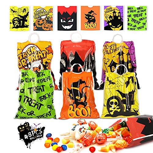 Kidtion Halloween Drawstring Goody Bags 48 PCS, Reusable Halloween Bags, Durable Trick or Treat Bags & Halloween Treat Bags, Halloween Candy Bags & Halloween Bags with Large Capacity & 6 Patterns